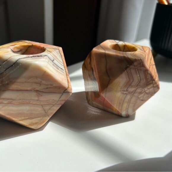 Geometric Marble Candle Holders - Tan and Brown x2 circa 1970 😃 - Picture 2 of 10